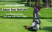 Load image into Gallery viewer, Scott Edward Golf Club Knitted Headcovers for Driver(460cc),Fairway(3/5/7) and Hybrid(UT),Double Layers Elastic Acrylic Yarn,Fluffy Pom Creativity Pattern for Golfer Gifts,Golf Club Protector-Red Blue Stripes Warning