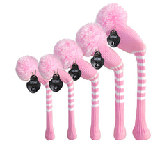 Load image into Gallery viewer, Scott Edward Golf Club Knitted Headcovers Double Layers Elastic Acrylic Yarn,Fluffy Pom Creativity Pattern for Golfer Gifts,Golf Club Protector-for Driver(460cc),Fairway(3/5/7) and Hybrid(UT)-Pink White Stripes
