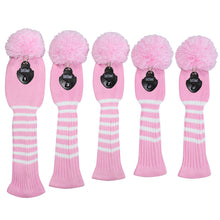 Load image into Gallery viewer, Scott Edward Golf Club Knitted Headcovers Double Layers Elastic Acrylic Yarn,Fluffy Pom Creativity Pattern for Golfer Gifts,Golf Club Protector-for Driver(460cc),Fairway(3/5/7) and Hybrid(UT)-Pink White Stripes