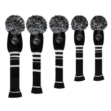 Load image into Gallery viewer, Scott Edward Golf Club Knitted Headcovers Double Layers Elastic Acrylic Yarn,Fluffy Pom Creativity Pattern for Golfer Gifts,Golf Club Protector-for Driver(460cc),Fairway(3/5/7) and Hybrid(UT)-White Black Stripes