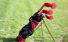 Load image into Gallery viewer, Scott Edward Golf Head Cover for Driver Wood,Fairway Wood,Hybrid Wood,Double Layer,Elastic Yarn,Fluffy Pom Snug for Golf Club and Decorate Golf Bags,Classic Style-Crimson White Stripes