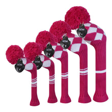 Load image into Gallery viewer, Scott Edward Golf Club Knitted Headcovers Double Layers Elastic Acrylic Yarn,Fluffy Pom Creativity Pattern for Golfer Gifts,Golf Club Protector- Rose White Argyles for Driver(460cc),Fairway(3/5/7) and Hybrid(UT)