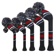 Load image into Gallery viewer, Scott Edward Golf Club Knitted Headcovers Double Layers Elastic Acrylic Yarn,Fluffy Pom Creativity Pattern for Golfer Gifts,Golf Club Protector- Classcial Red Warning Stripes for Driver(460cc),Fairway(3/5/7) and Hybrid(UT)