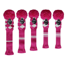 Load image into Gallery viewer, Scott Edward Golf Club Knitted Headcovers Double Layers Elastic Acrylic Yarn,Fluffy Pom Creativity Pattern for Golfer Gifts,Golf Club Protector- Rose White Argyles for Driver(460cc),Fairway(3/5/7) and Hybrid(UT)
