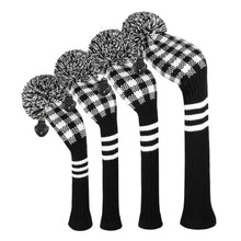 Load image into Gallery viewer, Scott Edward Golf Club Knitted Headcovers Double Layers Elastic Acrylic Yarn,Fluffy Pom Creativity Pattern for Golfer Gifts,Golf Club Protector- Black White Plaid for Driver(460cc),Fairway(3/5/7) and Hybrid(UT)