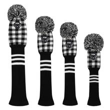 Load image into Gallery viewer, Scott Edward Golf Club Knitted Headcovers Double Layers Elastic Acrylic Yarn,Fluffy Pom Creativity Pattern for Golfer Gifts,Golf Club Protector- Black White Plaid for Driver(460cc),Fairway(3/5/7) and Hybrid(UT)
