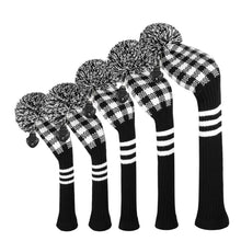 Load image into Gallery viewer, Scott Edward Golf Club Knitted Headcovers Double Layers Elastic Acrylic Yarn,Fluffy Pom Creativity Pattern for Golfer Gifts,Golf Club Protector- Black White Plaid for Driver(460cc),Fairway(3/5/7) and Hybrid(UT)
