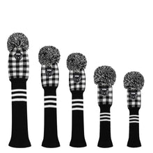 Load image into Gallery viewer, Scott Edward Golf Club Knitted Headcovers Double Layers Elastic Acrylic Yarn,Fluffy Pom Creativity Pattern for Golfer Gifts,Golf Club Protector- Black White Plaid for Driver(460cc),Fairway(3/5/7) and Hybrid(UT)