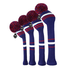 Load image into Gallery viewer, Scott Edward Golf Club Knitted Headcovers for Driver(460cc),Fairway(3/5/7) and Hybrid(UT),Double Layers Elastic Acrylic Yarn,Fluffy Pom Creativity Pattern for Golfer Gifts,Golf Club Protector-Red Blue Stripes Warning