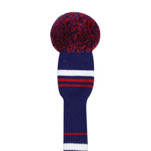 Load image into Gallery viewer, Scott Edward Golf Club Knitted Headcovers for Driver(460cc),Fairway(3/5/7) and Hybrid(UT),Double Layers Elastic Acrylic Yarn,Fluffy Pom Creativity Pattern for Golfer Gifts,Golf Club Protector-Red Blue Stripes Warning