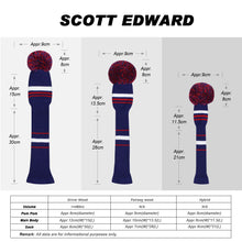 Load image into Gallery viewer, Scott Edward Golf Club Knitted Headcovers for Driver(460cc),Fairway(3/5/7) and Hybrid(UT),Double Layers Elastic Acrylic Yarn,Fluffy Pom Creativity Pattern for Golfer Gifts,Golf Club Protector-Red Blue Stripes Warning