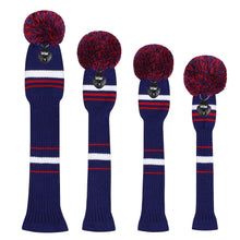 Load image into Gallery viewer, Scott Edward Golf Club Knitted Headcovers for Driver(460cc),Fairway(3/5/7) and Hybrid(UT),Double Layers Elastic Acrylic Yarn,Fluffy Pom Creativity Pattern for Golfer Gifts,Golf Club Protector-Red Blue Stripes Warning