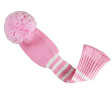 Load image into Gallery viewer, Scott Edward Golf Club Knitted Headcovers Double Layers Elastic Acrylic Yarn,Fluffy Pom Creativity Pattern for Golfer Gifts,Golf Club Protector-for Driver(460cc),Fairway(3/5/7) and Hybrid(UT)-Pink White Stripes