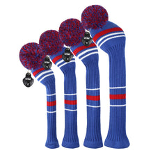 Load image into Gallery viewer, Scott Edward Golf Club Knitted Headcovers Double Layers Elastic Acrylic Yarn,Fluffy Pom Creativity Pattern for Golfer Gifts,Golf Club Protector-Navy Blue White Stripes for Driver(460cc),Fairway(3/5/7) and Hybrid(UT)