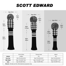 Load image into Gallery viewer, Scott Edward Golf Club Knitted Headcovers Double Layers Elastic Acrylic Yarn,Fluffy Pom Creativity Pattern for Golfer Gifts,Golf Club Protector- Black White Plaid for Driver(460cc),Fairway(3/5/7) and Hybrid(UT)