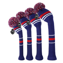 Load image into Gallery viewer, Scott Edward Golf Club Knitted Headcovers Double Layers Elastic Acrylic Yarn,Fluffy Pom Creativity Pattern for Golfer Gifts,Golf Club Protector- Dark Blue Stripes for Driver(460cc),Fairway(3/5/7) and Hybrid(UT)