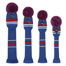 Load image into Gallery viewer, Scott Edward Golf Club Knitted Headcovers Double Layers Elastic Acrylic Yarn,Fluffy Pom Creativity Pattern for Golfer Gifts,Golf Club Protector-Navy Blue White Stripes for Driver(460cc),Fairway(3/5/7) and Hybrid(UT)