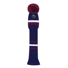 Load image into Gallery viewer, Scott Edward Golf Club Knitted Headcovers for Driver(460cc),Fairway(3/5/7) and Hybrid(UT),Double Layers Elastic Acrylic Yarn,Fluffy Pom Creativity Pattern for Golfer Gifts,Golf Club Protector-Red Blue Stripes Warning