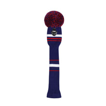 Load image into Gallery viewer, Scott Edward Golf Club Knitted Headcovers for Driver(460cc),Fairway(3/5/7) and Hybrid(UT),Double Layers Elastic Acrylic Yarn,Fluffy Pom Creativity Pattern for Golfer Gifts,Golf Club Protector-Red Blue Stripes Warning