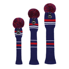 Load image into Gallery viewer, Scott Edward Golf Club Knitted Headcovers Double Layers Elastic Acrylic Yarn,Fluffy Pom Creativity Pattern for Golfer Gifts,Golf Club Protector- Dark Blue Stripes for Driver(460cc),Fairway(3/5/7) and Hybrid(UT)