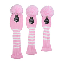Load image into Gallery viewer, Scott Edward Golf Club Knitted Headcovers Double Layers Elastic Acrylic Yarn,Fluffy Pom Creativity Pattern for Golfer Gifts,Golf Club Protector-for Driver(460cc),Fairway(3/5/7) and Hybrid(UT)-Pink White Stripes