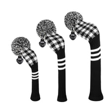Load image into Gallery viewer, Scott Edward Golf Club Knitted Headcovers Double Layers Elastic Acrylic Yarn,Fluffy Pom Creativity Pattern for Golfer Gifts,Golf Club Protector- Black White Plaid for Driver(460cc),Fairway(3/5/7) and Hybrid(UT)