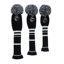 Load image into Gallery viewer, Scott Edward Golf Club Knitted Headcovers Double Layers Elastic Acrylic Yarn,Fluffy Pom Creativity Pattern for Golfer Gifts,Golf Club Protector-for Driver(460cc),Fairway(3/5/7) and Hybrid(UT)-White Black Stripes
