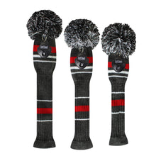 Load image into Gallery viewer, Scott Edward Golf Club Knitted Headcovers Double Layers Elastic Acrylic Yarn,Fluffy Pom Creativity Pattern for Golfer Gifts,Golf Club Protector- Classcial Red Warning Stripes for Driver(460cc),Fairway(3/5/7) and Hybrid(UT)