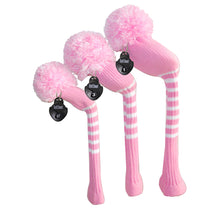 Load image into Gallery viewer, Scott Edward Golf Club Knitted Headcovers Double Layers Elastic Acrylic Yarn,Fluffy Pom Creativity Pattern for Golfer Gifts,Golf Club Protector-for Driver(460cc),Fairway(3/5/7) and Hybrid(UT)-Pink White Stripes