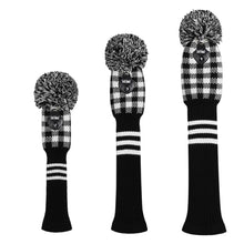 Load image into Gallery viewer, Scott Edward Golf Club Knitted Headcovers Double Layers Elastic Acrylic Yarn,Fluffy Pom Creativity Pattern for Golfer Gifts,Golf Club Protector- Black White Plaid for Driver(460cc),Fairway(3/5/7) and Hybrid(UT)