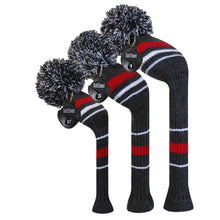 Load image into Gallery viewer, Scott Edward Golf Club Knitted Headcovers Double Layers Elastic Acrylic Yarn,Fluffy Pom Creativity Pattern for Golfer Gifts,Golf Club Protector- Classcial Red Warning Stripes for Driver(460cc),Fairway(3/5/7) and Hybrid(UT)