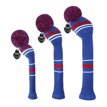 Load image into Gallery viewer, Scott Edward Golf Club Knitted Headcovers Double Layers Elastic Acrylic Yarn,Fluffy Pom Creativity Pattern for Golfer Gifts,Golf Club Protector-Navy Blue White Stripes for Driver(460cc),Fairway(3/5/7) and Hybrid(UT)