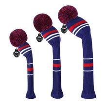 Load image into Gallery viewer, Scott Edward Golf Club Knitted Headcovers Double Layers Elastic Acrylic Yarn,Fluffy Pom Creativity Pattern for Golfer Gifts,Golf Club Protector- Dark Blue Stripes for Driver(460cc),Fairway(3/5/7) and Hybrid(UT)