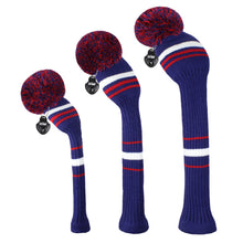 Load image into Gallery viewer, Scott Edward Golf Club Knitted Headcovers for Driver(460cc),Fairway(3/5/7) and Hybrid(UT),Double Layers Elastic Acrylic Yarn,Fluffy Pom Creativity Pattern for Golfer Gifts,Golf Club Protector-Red Blue Stripes Warning