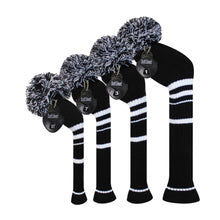 Load image into Gallery viewer, Scott Edward Golf Club Knitted Headcovers Double Layers Elastic Acrylic Yarn,Fluffy Pom Creativity Pattern for Golfer Gifts,Golf Club Protector-for Driver(460cc),Fairway(3/5/7) and Hybrid(UT)-White Black Stripes