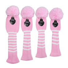 Load image into Gallery viewer, Scott Edward Golf Club Knitted Headcovers Double Layers Elastic Acrylic Yarn,Fluffy Pom Creativity Pattern for Golfer Gifts,Golf Club Protector-for Driver(460cc),Fairway(3/5/7) and Hybrid(UT)-Pink White Stripes