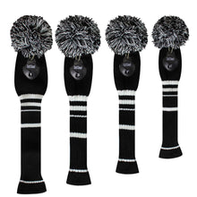 Load image into Gallery viewer, Scott Edward Golf Club Knitted Headcovers Double Layers Elastic Acrylic Yarn,Fluffy Pom Creativity Pattern for Golfer Gifts,Golf Club Protector-for Driver(460cc),Fairway(3/5/7) and Hybrid(UT)-White Black Stripes