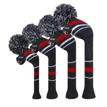 Load image into Gallery viewer, Scott Edward Golf Club Knitted Headcovers Double Layers Elastic Acrylic Yarn,Fluffy Pom Creativity Pattern for Golfer Gifts,Golf Club Protector- Classcial Red Warning Stripes for Driver(460cc),Fairway(3/5/7) and Hybrid(UT)