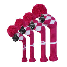 Load image into Gallery viewer, Scott Edward Golf Club Knitted Headcovers Double Layers Elastic Acrylic Yarn,Fluffy Pom Creativity Pattern for Golfer Gifts,Golf Club Protector- Rose White Argyles for Driver(460cc),Fairway(3/5/7) and Hybrid(UT)