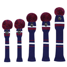 Load image into Gallery viewer, Scott Edward Golf Club Knitted Headcovers for Driver(460cc),Fairway(3/5/7) and Hybrid(UT),Double Layers Elastic Acrylic Yarn,Fluffy Pom Creativity Pattern for Golfer Gifts,Golf Club Protector-Red Blue Stripes Warning
