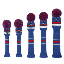 Load image into Gallery viewer, Scott Edward Golf Club Knitted Headcovers Double Layers Elastic Acrylic Yarn,Fluffy Pom Creativity Pattern for Golfer Gifts,Golf Club Protector-Navy Blue White Stripes for Driver(460cc),Fairway(3/5/7) and Hybrid(UT)