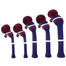 Load image into Gallery viewer, Scott Edward Golf Club Knitted Headcovers for Driver(460cc),Fairway(3/5/7) and Hybrid(UT),Double Layers Elastic Acrylic Yarn,Fluffy Pom Creativity Pattern for Golfer Gifts,Golf Club Protector-Red Blue Stripes Warning