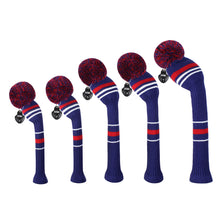 Load image into Gallery viewer, Scott Edward Golf Club Knitted Headcovers Double Layers Elastic Acrylic Yarn,Fluffy Pom Creativity Pattern for Golfer Gifts,Golf Club Protector- Dark Blue Stripes for Driver(460cc),Fairway(3/5/7) and Hybrid(UT)