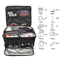 Load image into Gallery viewer, Scott Edward Golf Trunk Organizer Storage, Waterproof Car Golf Locker for 2 Pair Shoes, Black Golf Trunk Storage for Balls, Tees, Clothes, Gloves, Accessories, Golf Gifts
