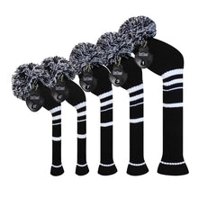 Load image into Gallery viewer, Scott Edward Golf Club Knitted Headcovers Double Layers Elastic Acrylic Yarn,Fluffy Pom Creativity Pattern for Golfer Gifts,Golf Club Protector-for Driver(460cc),Fairway(3/5/7) and Hybrid(UT)-White Black Stripes
