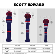 Load image into Gallery viewer, Scott Edward Golf Club Knitted Headcovers Double Layers Elastic Acrylic Yarn,Fluffy Pom Creativity Pattern for Golfer Gifts,Golf Club Protector- Dark Blue Stripes for Driver(460cc),Fairway(3/5/7) and Hybrid(UT)
