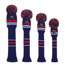 Load image into Gallery viewer, Scott Edward Golf Club Knitted Headcovers Double Layers Elastic Acrylic Yarn,Fluffy Pom Creativity Pattern for Golfer Gifts,Golf Club Protector- Dark Blue Stripes for Driver(460cc),Fairway(3/5/7) and Hybrid(UT)
