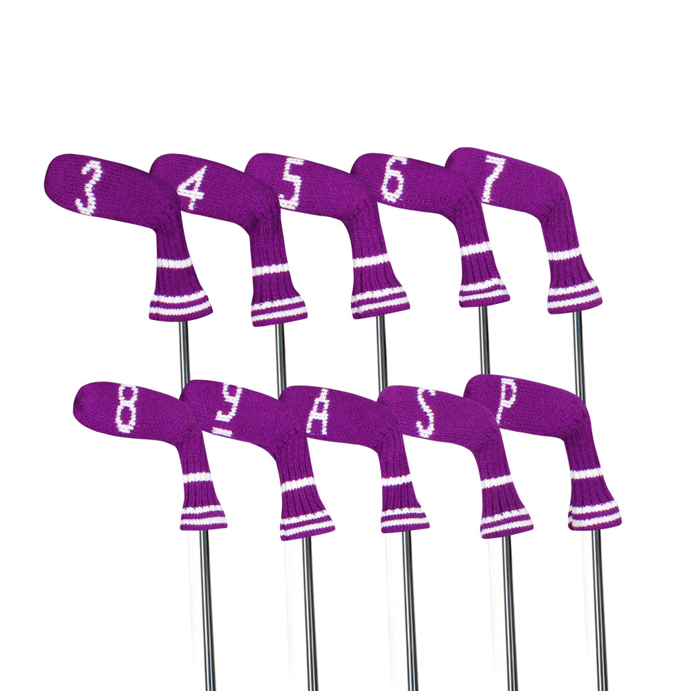 Scott Edward 10 Pcs Golf Iron Head Covers Cuteness and Basically Socks Shape Washable & Durable Golf Club Head Protector with Purple White Pattern