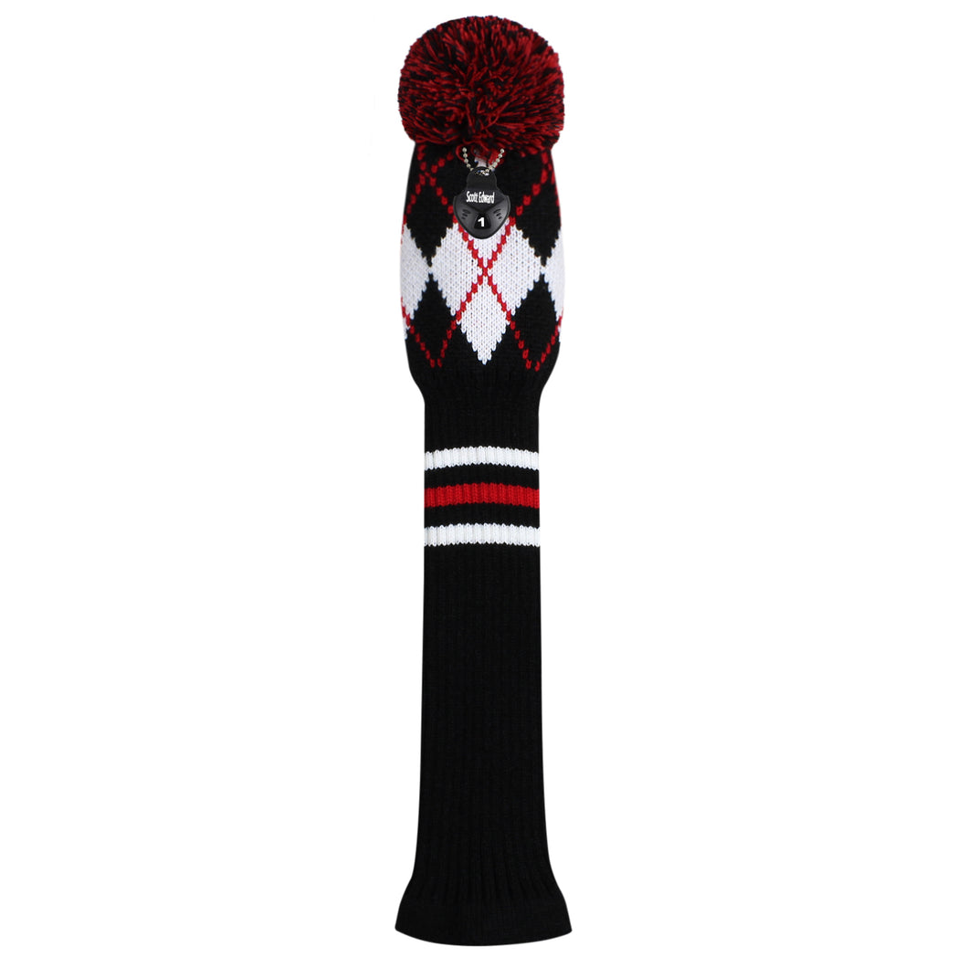 Scott Edward Golf Club Knitted Headcovers for Driver(460cc),Fairway(3/5/7) and Hybrid(UT),Double Layers Acrylic Yarn, Black White Red Argyle  Pattern for Golfer Gifts,Golf Club Protector