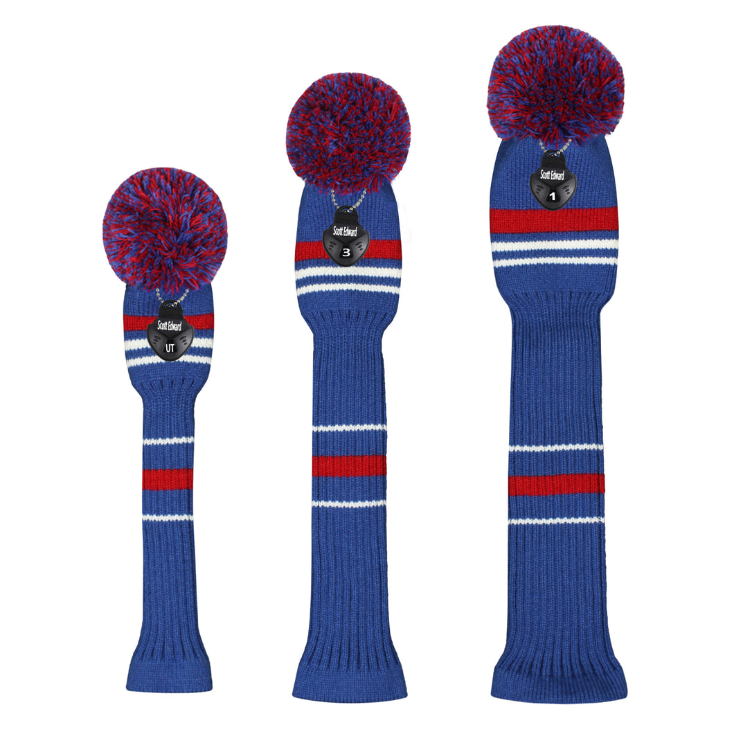 Scott Edward Golf Club Knitted Headcovers Double Layers Elastic Acrylic Yarn,Fluffy Pom Creativity Pattern for Golfer Gifts,Golf Club Protector-Navy Blue White Stripes for Driver(460cc),Fairway(3/5/7) and Hybrid(UT)